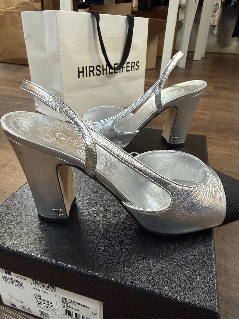 CHANEL Silver Leather Slingback Heels with Black Cap Toe